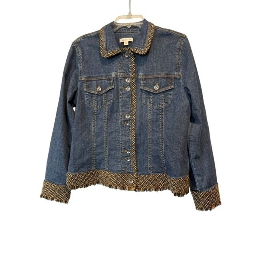 Coldwater Creek Womens 18 Denim Jacket Tweed Fringe Trim Boho Western Stretch